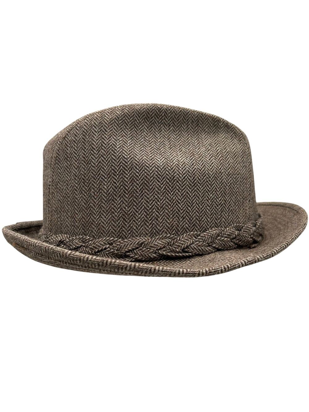 Artel Vintage Herringbone Wool Bowler Derby Hat 56cm Size S USA Braided Band